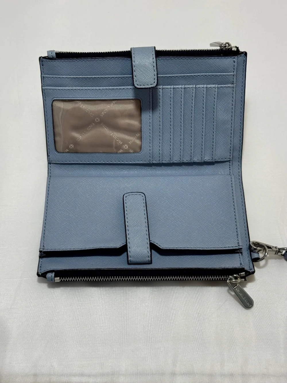 Michael Kors Jet Set Double Zip Tech Phone Wallet Chambray Blue and Light Blue